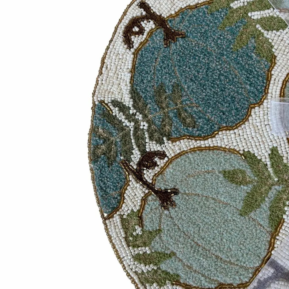 2pc Tahari Beaded Pumpkin Placemats 15in Round Blue Green Fall Thanksgiving NEW